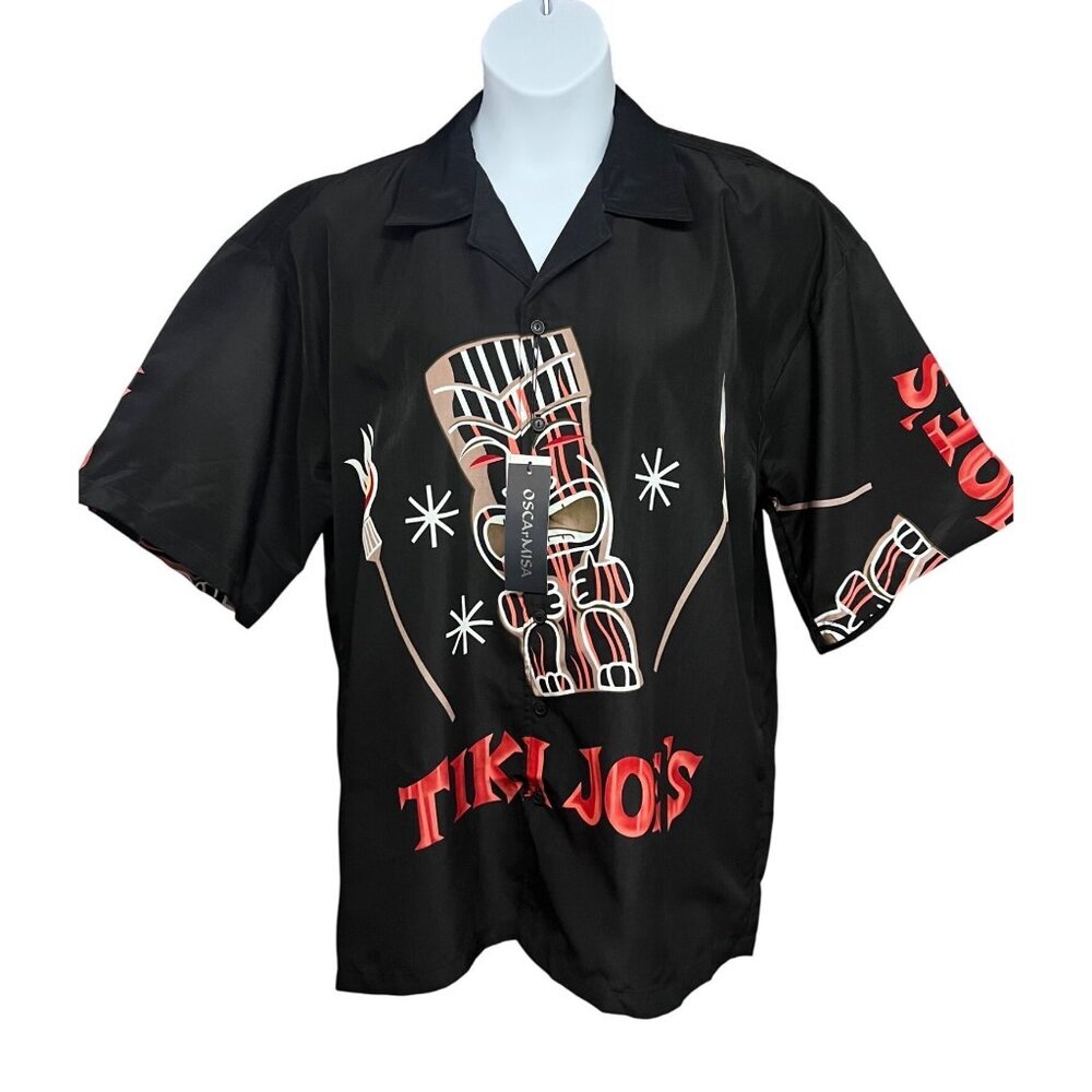 Oscar Misa Black Giant Graphic Tiki Spell Out Rockabilly Button Camp Shirt 2XL